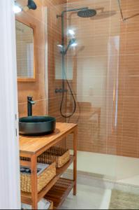 a bathroom with a shower with a black sink at Deux chambres avec terrasse dans le centre ville d'Aix en Provence in Aix-en-Provence