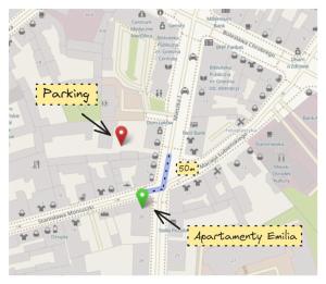 a map with two arrows pointing to a parking spot at Apartamenty Emilia 3 in Gniezno