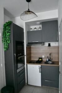 una cucina con frigorifero nero e lavandino di Studio neuf à louer à Dinard 3 nuits minimum a Dinard