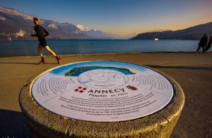 a man running on the beach with a frisbee at La petite Venise des Alpes, Ultra centre 1 à 5 Pers in Annecy