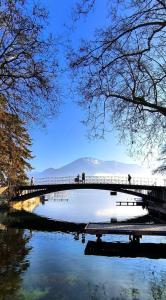 a bridge over a lake with people walking on it at La petite Venise des Alpes, Ultra centre 1 à 5 Pers in Annecy