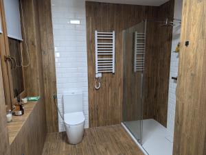 a bathroom with a toilet and a shower at Siódme Niebo Bachotek in Bachotek +30 photos