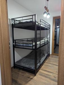 a room with three bunk beds in a room at Siódme Niebo Bachotek in Bachotek
