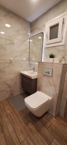 un bagno con un water, un lavandino e uno specchio di Dimis Home a Nea Plagia Altre 11 foto