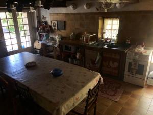 eine Küche mit einem Tisch und einem Waschbecken sowie einem Tisch und Stühlen in der Unterkunft Maison de campagne Les loirs in Lespinassière + 20 Fotos