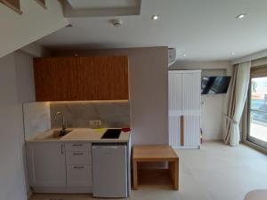 a small kitchen with a sink and a refrigerator at Theros Summer Suite 1 in Nikiti