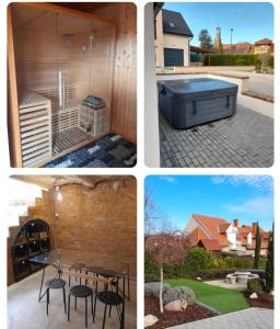 quattro immagini diverse di una casa con vasca idromassaggio di Pupi Apartmanház a Balatonlelle