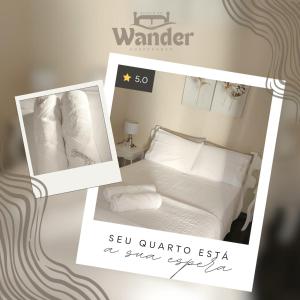 a poster of a bedroom with a bed and towels at Studio do Wander in Amparo