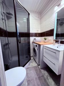 ein Badezimmer mit Waschbecken und Waschmaschine in der Unterkunft Apartament Ruciane-Nida in Ruciane-Nida