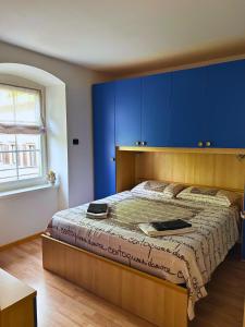 a bedroom with a large bed with blue cabinets at Casa nel centro di Cembra in Cembra