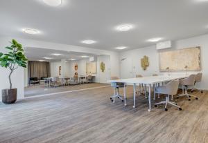 a conference room with a table and chairs and a painting at Apartment A 1 "Pine Hill Resort" in Zirchow