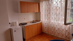 a small kitchen with a sink and a refrigerator at Apartman EmEm in Kuršumlija