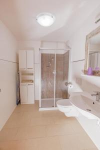 a bathroom with a shower and a toilet and a sink at Schönes Apartment mit 80qm in Senales