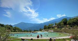 a group of people in a swimming pool in the mountains at La maison colimaçon in Clans