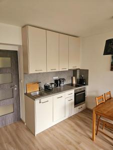 a small kitchen with white cabinets and a table at Lesní apartmán Hamry in Hamry +5 photos