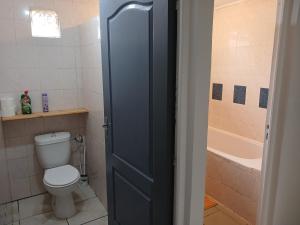 a bathroom with a toilet and a bath tub at Maison au Bois-Court in Le Tampon