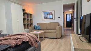 un salon avec un canapé et une télévision dans l'établissement Calm and central leafy Laugardalur, à Reykjavik