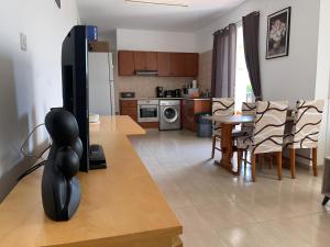 a living room with a television and a table with balloons at Unwind Kìśśornega - 2 Bedroom Apartment in Kissonerga