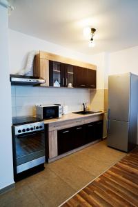 Mirandis Apartments - Modern Stays with Free Parking near Coresi Mall的厨房或小厨房