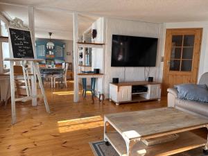 a living room with a couch and a tv and a table at Thüringer Landidyll in Bösleben-Wüllersleben