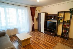 Mirandis Apartments - Modern Stays with Free Parking near Coresi Mall的电视和/或娱乐中心