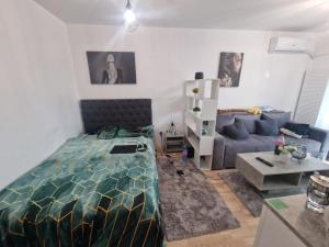 a bedroom with a bed and a couch at Apartament Lory in Iaşi