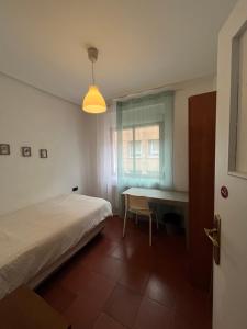 Un dormitorio con una cama y un escritorio y una ventana. en Roomin Hostel, en Salamanca