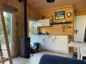 a kitchen with wooden walls and a stove in a room at SHROOM & WATER chill calm nature 2 houses 8 person in Nowe Grobice