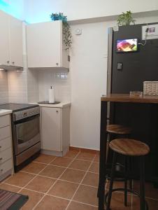 eine Küche mit weißen Schränken und einem schwarzen Kühlschrank in der Unterkunft Smart cozy apartment in Athens! in Athen