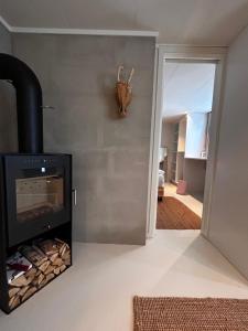 a fireplace in a living room with a cat on the wall at Casa Lofoten Ramberg Beach Sauna Surfing Kvalvika Reine in Ramberg