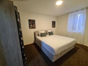 sypialnia z białym łóżkiem i dwiema poduszkami w obiekcie Riviera des Alpes w Aix-les-Bains