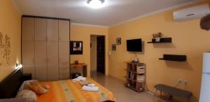 a bedroom with a bed and a tv in it at Βlue Horizon Lixouri in Lixouri