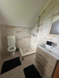 a bathroom with a toilet and a sink and a shower at Magic Aria Bihac in Bihać +12 photos