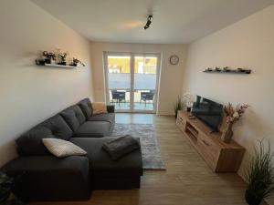 a living room with a couch and a television at Wohnglück Leer-Altstadt in Leer