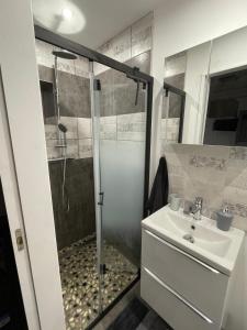 une salle de bain avec douche et lavabo dans l'établissement La maison Anaïa, à Gargas