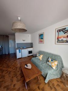 Appartement Les Lavandes, T2 avec terrasse في ليه ليكيه: غرفة معيشة مع أريكة وطاولة