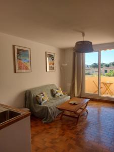 Appartement Les Lavandes, T2 avec terrasse في ليه ليكيه: غرفة معيشة مع أريكة وطاولة