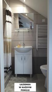 a bathroom with a sink and a mirror and a toilet at Dulkowa Zagroda in Gdańsk