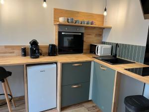 a kitchen with a counter with a microwave and a refrigerator at Duplex Centre Ville Lannion in Lannion