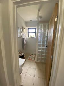 a bathroom with a toilet and a shower in it at The Garden House in Dewlish