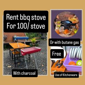 a collage of three pictures of a picnic table and a grill at Pingjai Halal Camping in Ban Nong Mai Kaen +16 photos
