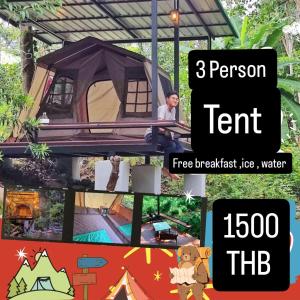 a collage of pictures of a person constructing a tent at Pingjai Halal Camping in Ban Nong Mai Kaen