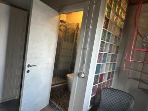 a bathroom with a shower and a toilet and a door at Casa Del Signore III in Baveno +13 photos
