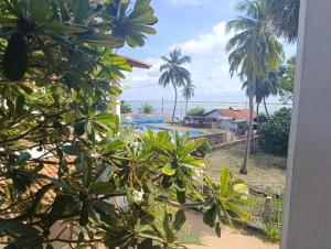 a view of the ocean from a house with palm trees at Red Coral Village Kitesurfing School in Kalpitiya