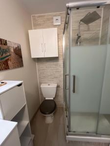 a bathroom with a toilet and a glass shower at Maison entre campagne et ville proche Futuroscope in Neuville-de-Poitou +24 photos