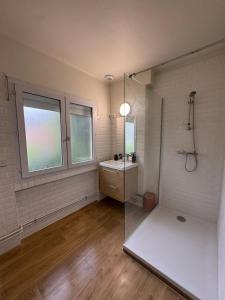 un bagno con doccia in vetro e lavandino di Villa Nature à TOULOUSE a Tolosa
