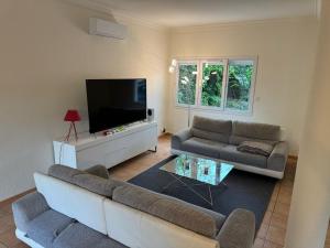 a living room with a couch and a flat screen tv at Villa Nature à TOULOUSE in Toulouse