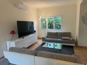 un soggiorno con due divani e una TV a schermo piatto di Villa Nature à TOULOUSE a Tolosa