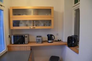 een keuken met een aanrecht met een magnetron en een broodrooster bij Wölfele Apartment in Quedlinburg +3 foto's