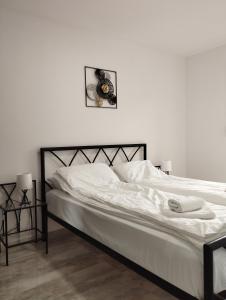 ヴェリコ・グラディシュテにあるApartman IDAの白いベッド(黒枠、白いシーツ付)